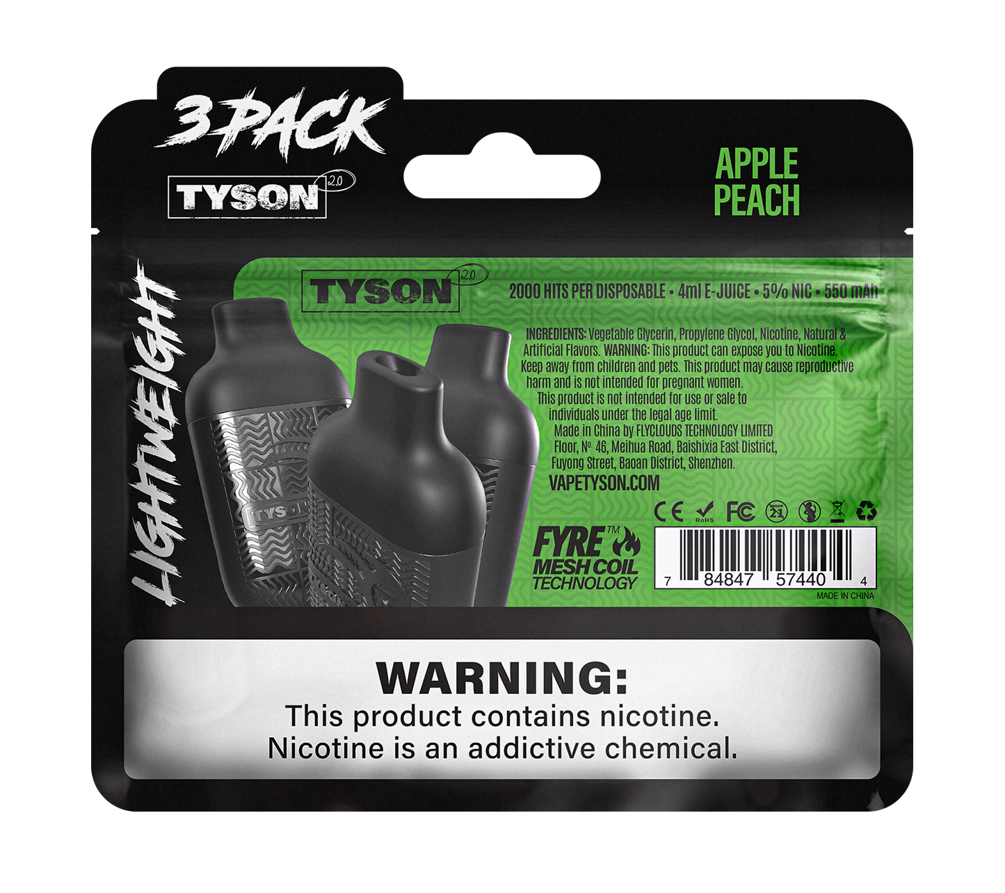 Tyson 2.0 Lightweight 6000 Hits 3 Pack Vape - Apple Peach