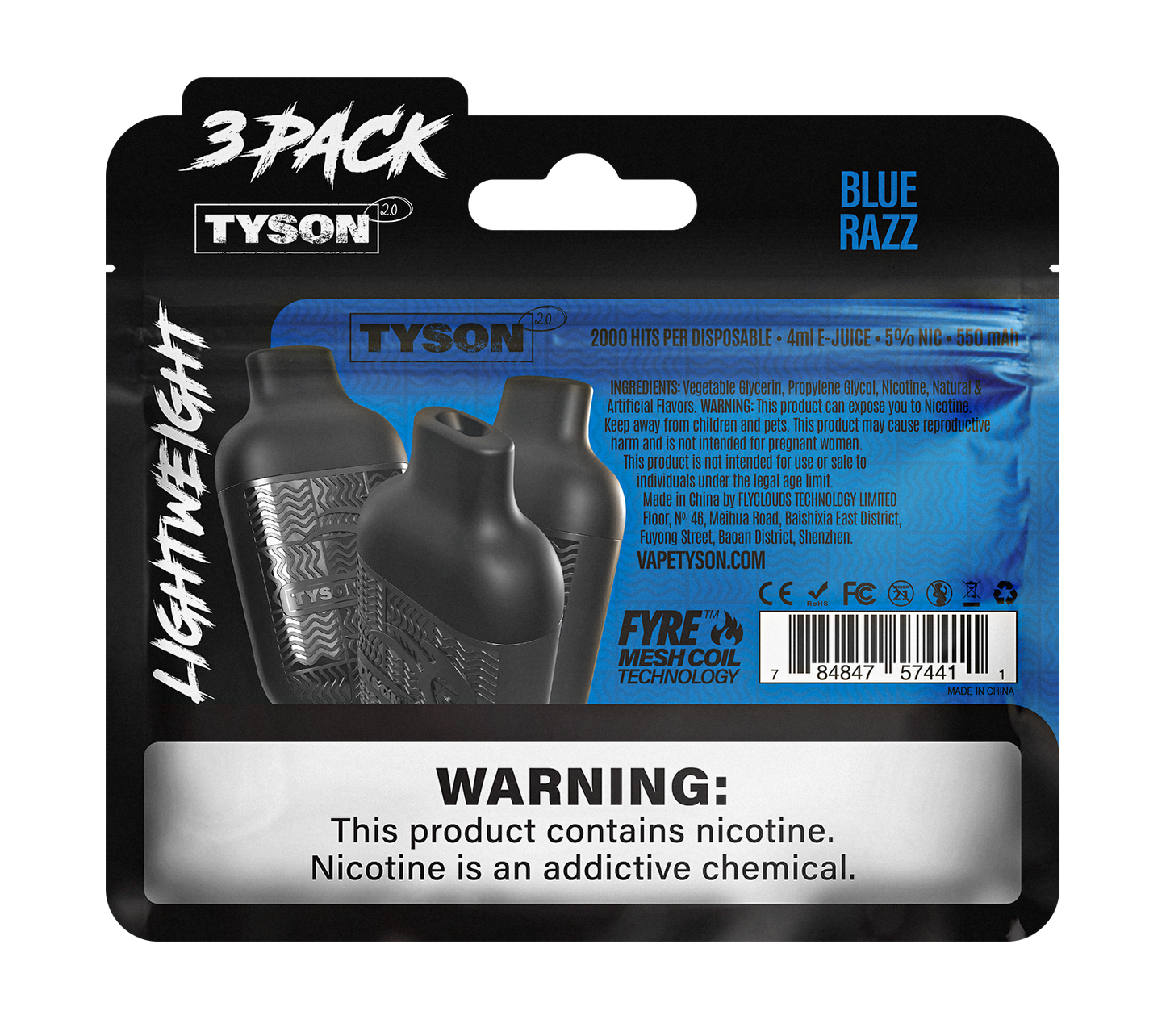 Tyson 2.0 Lightweight 6000 Hits 3 Pack Vape - Blue Razz