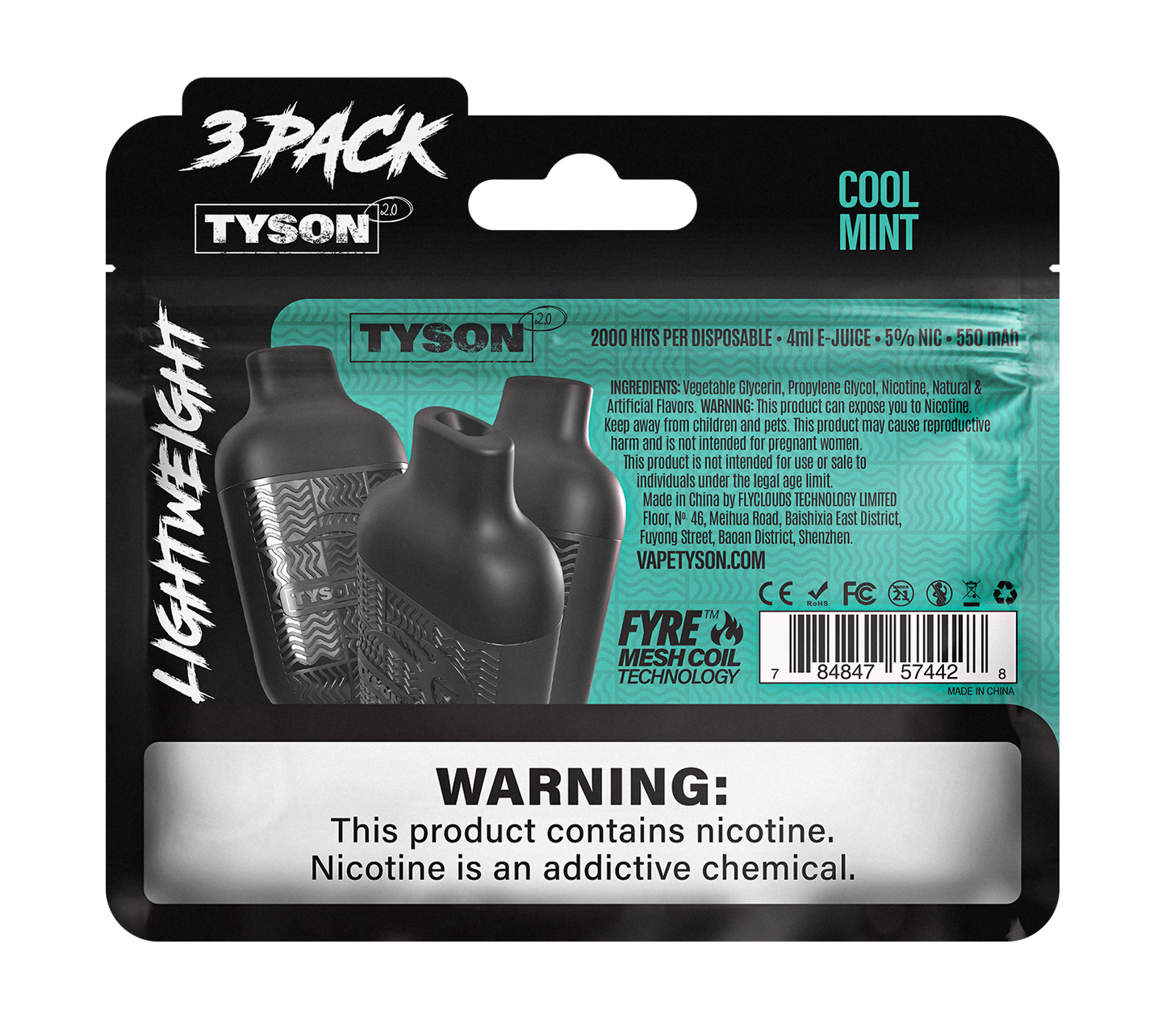 Tyson 2.0 Lightweight 6000 Hits 3 Pack Vape - Cool Mint