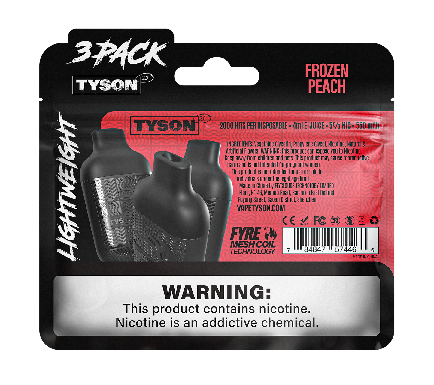 Tyson 2.0 Lightweight 6000 Hits 3 Pack Vape - Frozen Peach