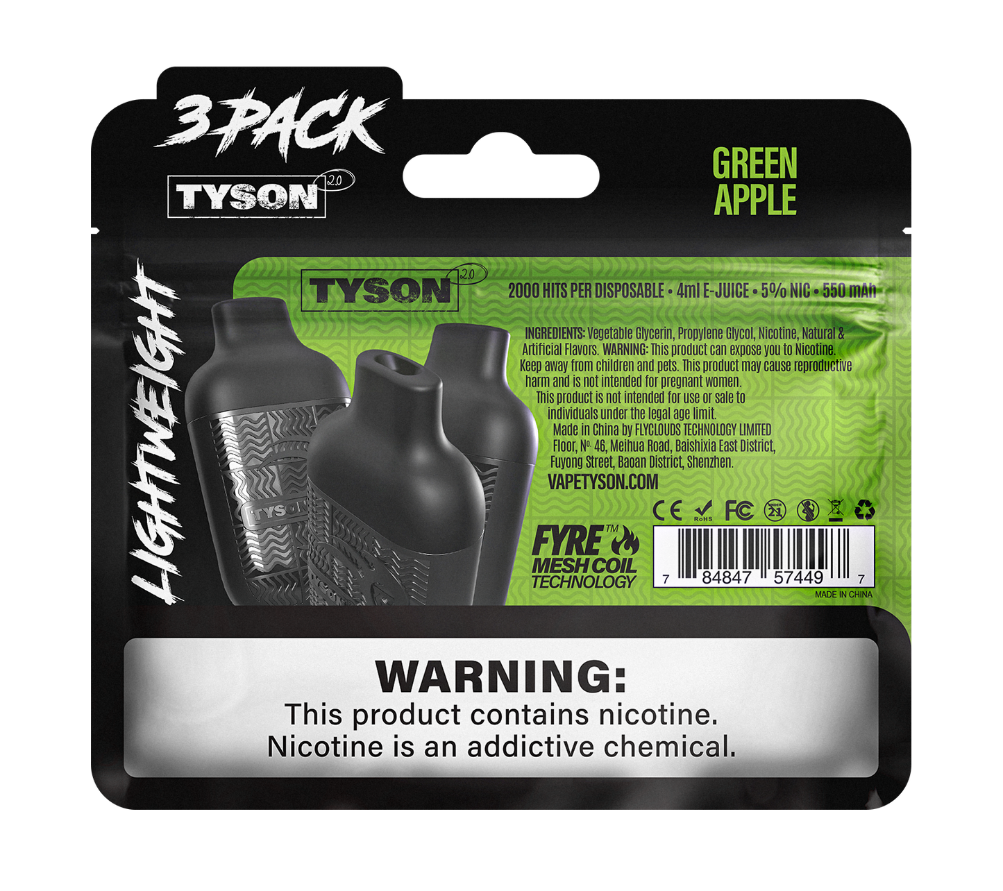 Tyson 2.0 Lightweight 6000 Hits 3 Pack Vape - Green Apple