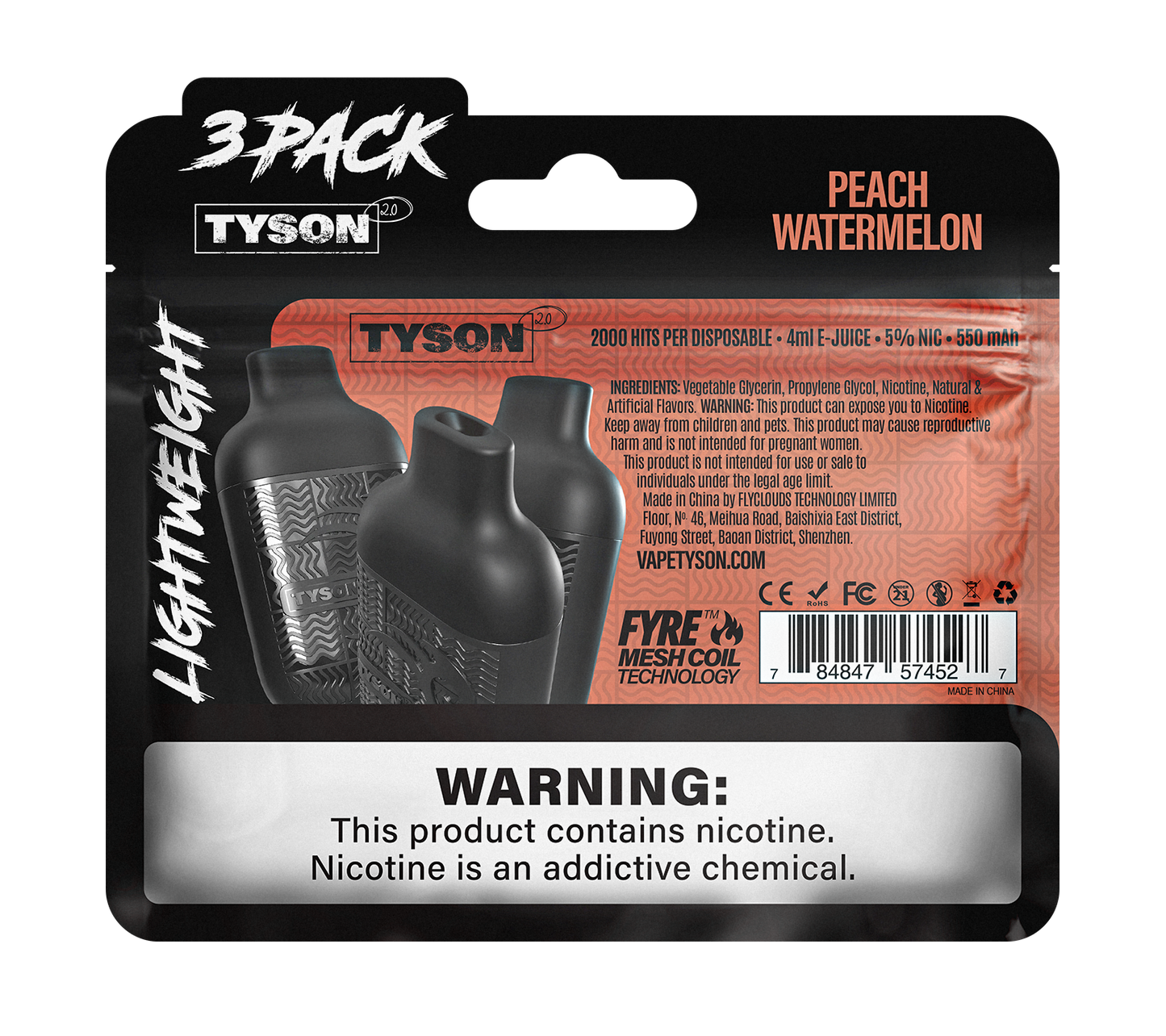 Tyson 2.0 Lightweight 6000 Hits 3 Pack Vape - Peach Watermelon