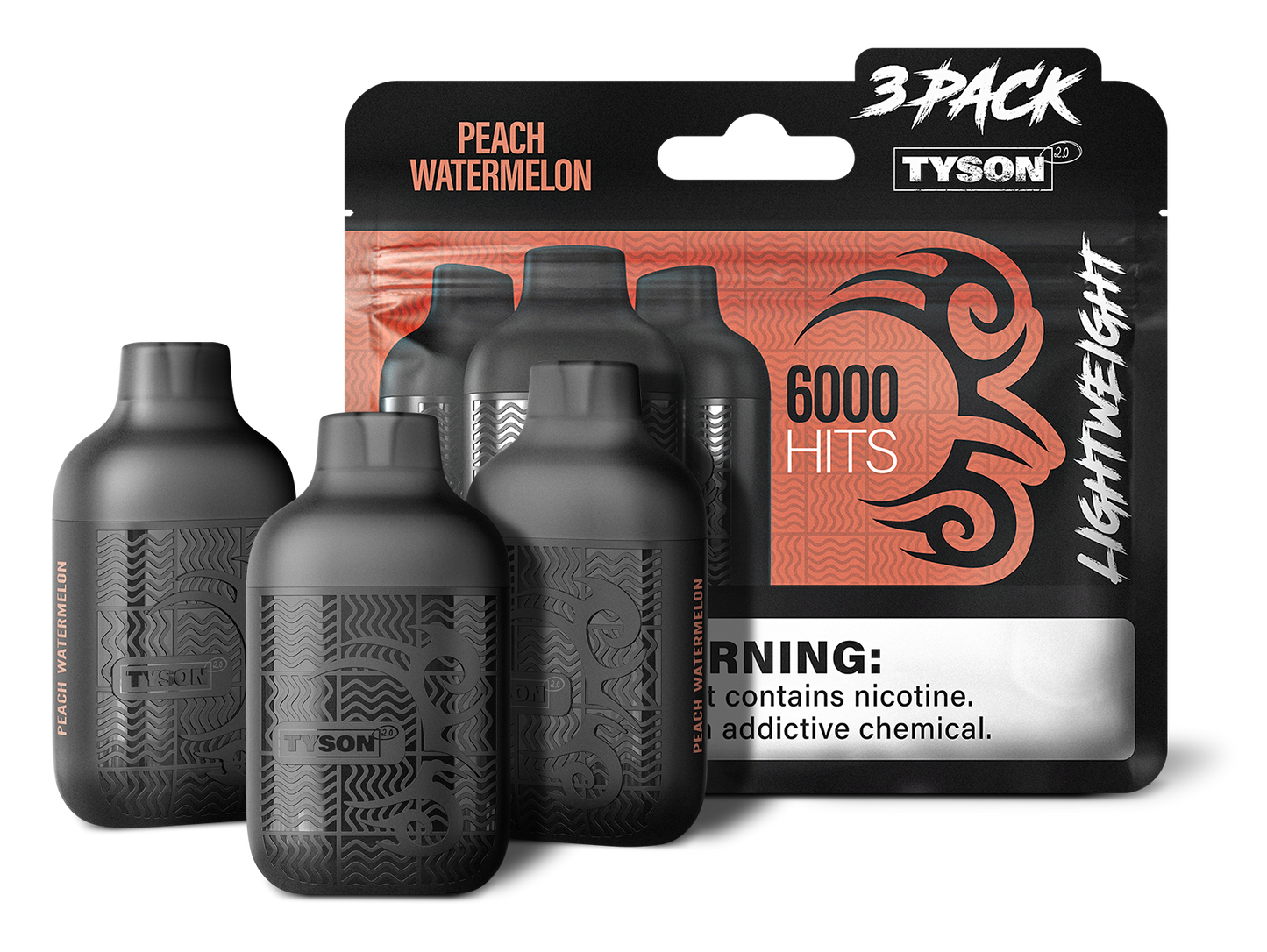 Tyson 2.0 Lightweight 6000 Hits 3 Pack Vape - Peach Watermelon