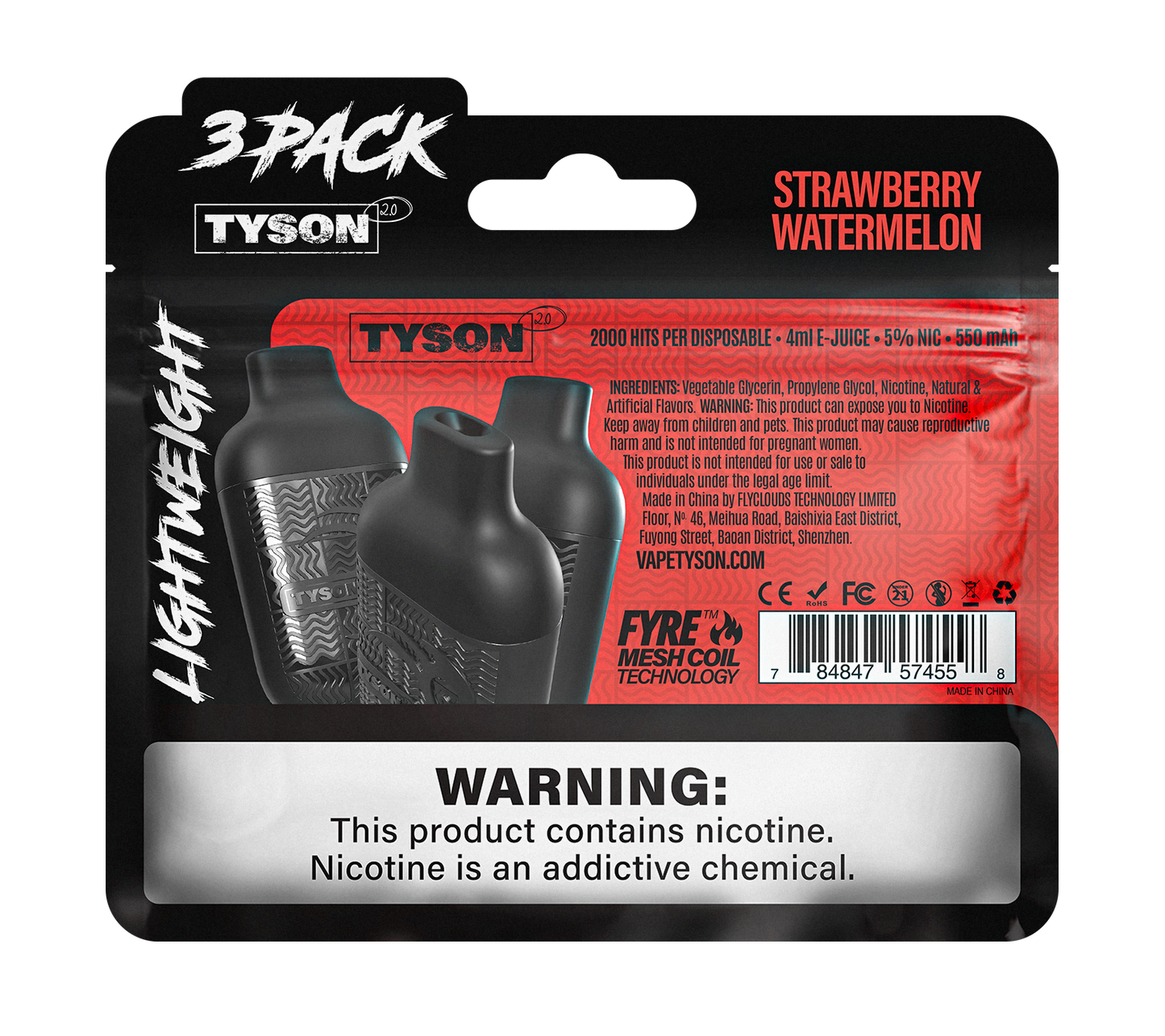Tyson 2.0 Lightweight 6000 Hits 3 Pack Vape - Strawberry Watermelon
