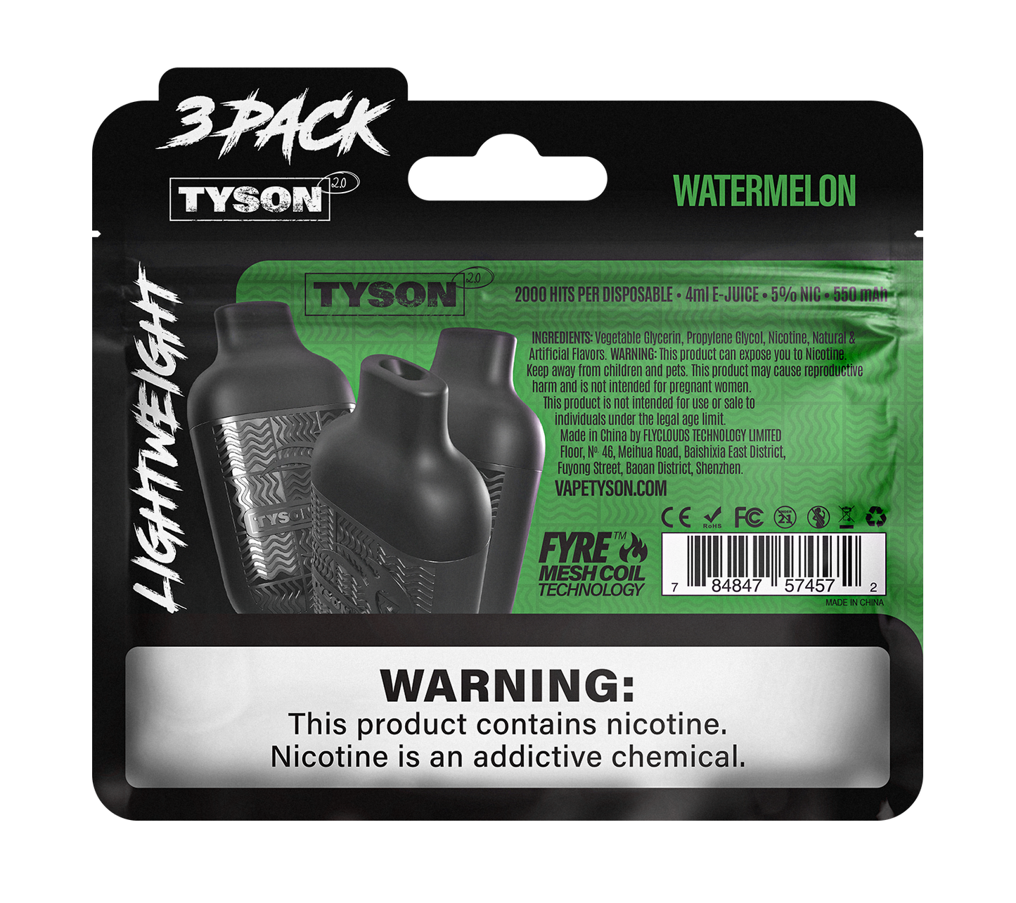 Tyson 2.0 Lightweight 6000 Hits 3 Pack Vape - Watermelon